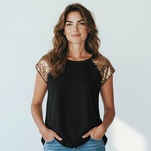 Fun & Flirt Chic Black and Gold Sheer Sequined Top M NWOT